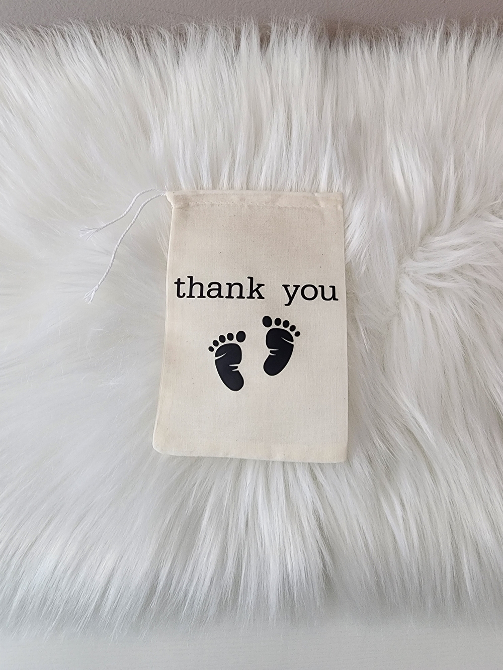 Party Favor Canvas Drawstring Bag with "thank you" and Baby Footprints - Natural